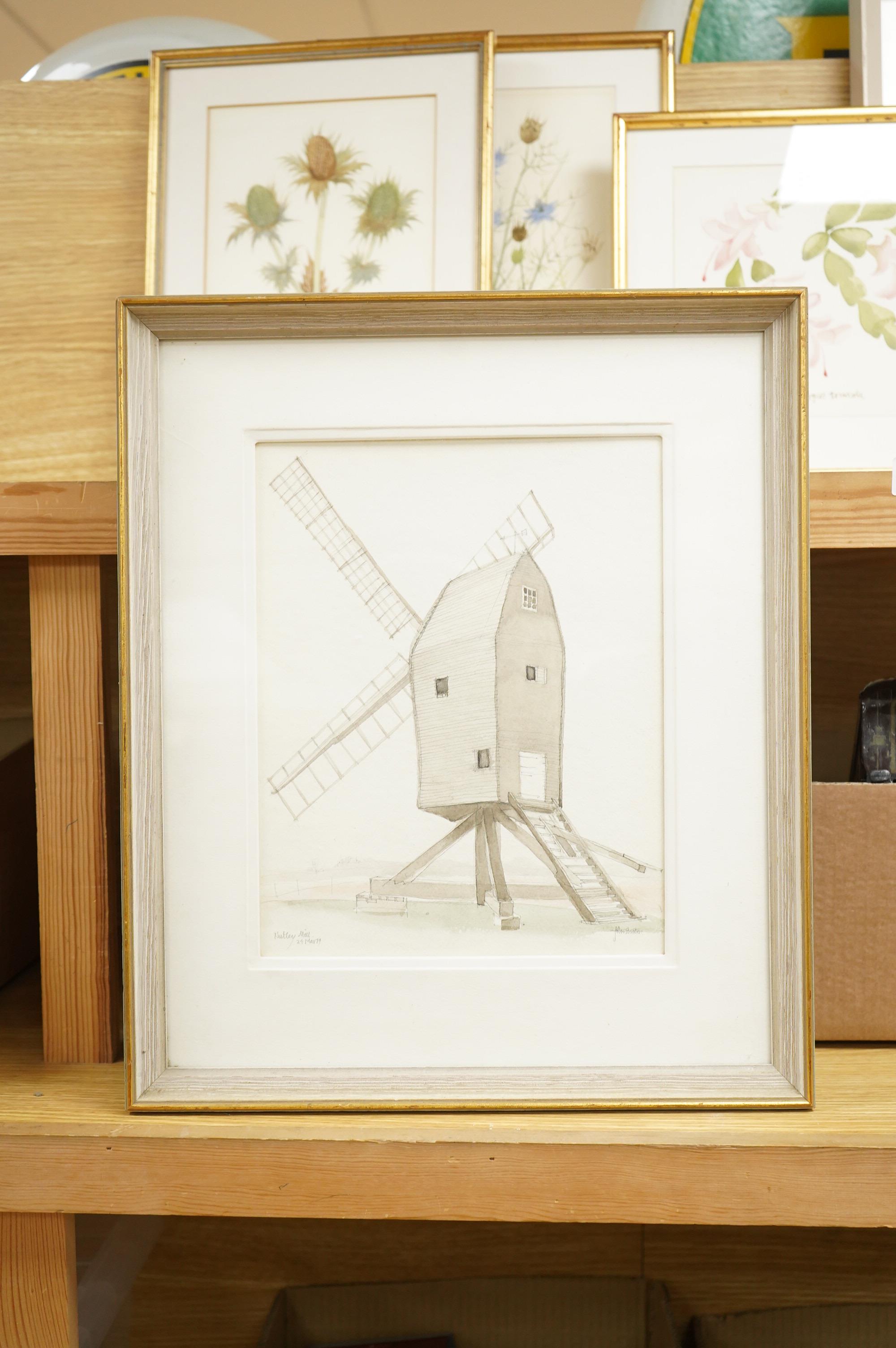 John Skelton (1925-2009), ‘Nutley Mill’ and a view of a church, each signed and dated '79 and 1995, two watercolours, largest 29 x 35cm, Provenance: from the artist's family